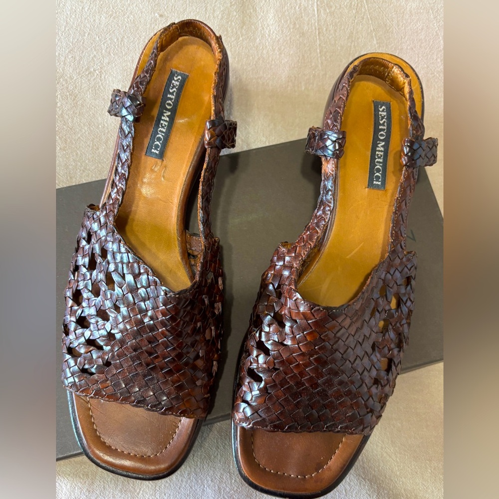 Sesto Meucci Brown Woven Leather Sandals